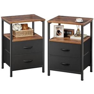 Huuger Night Stand Set of 2, Nightstand with 2 Drawers, Bed Side Table with Open Shelf, Wooden Top, End Table, Fabric Drawer, for Bedroom, Rustic Brown and Black