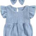 Newborn Baby Girl Clothes Ruffle Sleeve Solid Smocked Bubble Romper Jumpsuit Bow Headband Cute Summer Clothes Size 74
