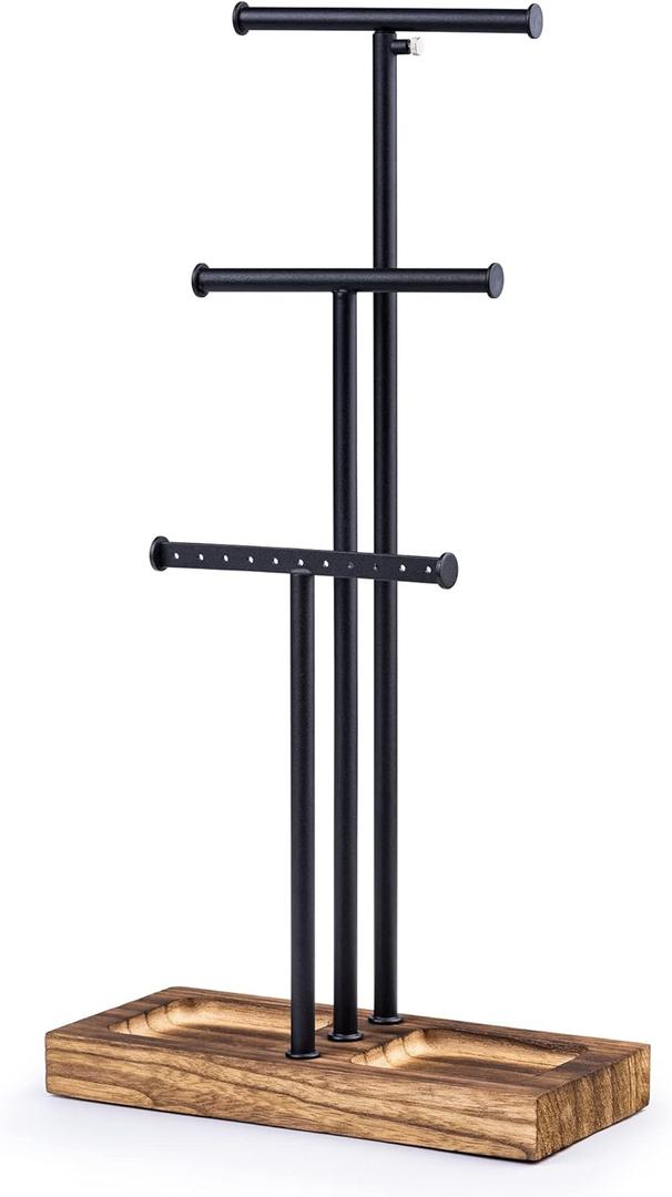 Love-KANKEI Jewelry Organizer Stand Metal & Wood Base and Large Storage Necklaces Bracelets Earrings Holder Organizer Gift Black and Carbonized Black (3 Tiers)