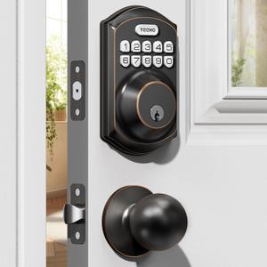 TEEHO TE001K Keyless Entry Door Lock with Handle, Electronic Keypad Deadbolt with 2 Knobs, High-Security Front Door Handle Set for Home & Rental, Smart Auto-Locking, Easy Install, Oil-Rubbed Bronze