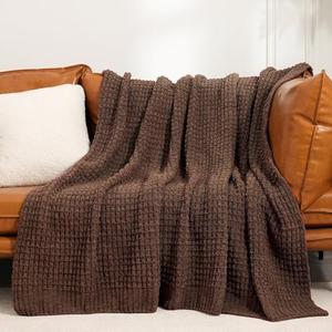 PHF Chenille Waffle Knit Blanket Twin Size- Plush Warm & Cozy 60" x 80" Ultra Soft Blanket- Chunky Fluffy Waffle Bedding for Home Decor - Cocoa Brown