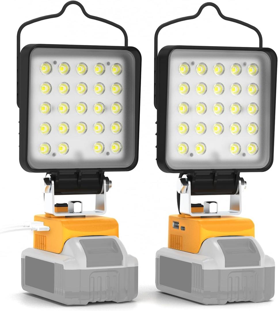 2 Pack Cordless LED Work Light for Dewalt 20V Max Battery, 96W 10000LM Light with USB and Type-C Charging Port, Outdoor Handheld Flood Light, Low Voltage Protection - No Battery