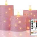 Raycare Easter Pink Flameless Candles with Remote Timer, Flickering Battery Operated LED Pillar Fake Candle with String Lights for Home Decor, Christmas, Wedding and Gift, Set of 3