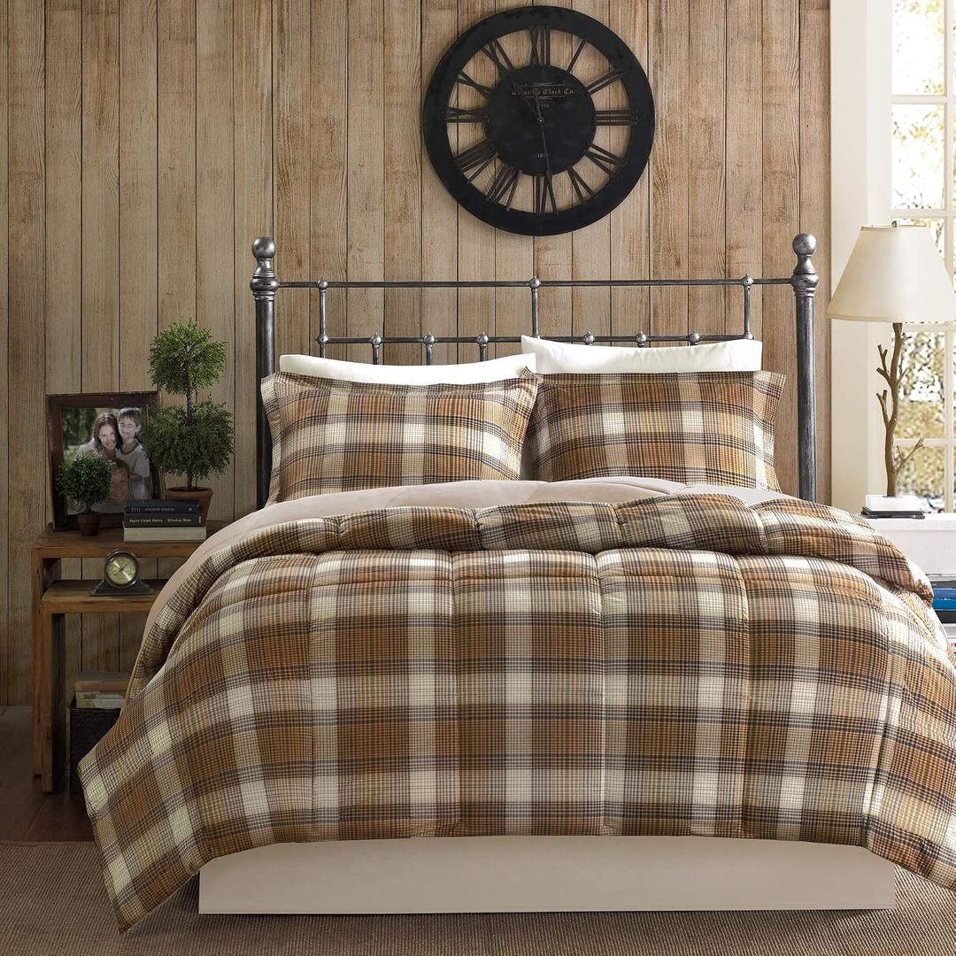 Woolrich Comforter Set, Cabin Lodge, Warm Cover for Colder Season, Modern Cottage-Inspired Down Alternative Ultra Soft Microfiber Bedding, Matching Sham, Plaid Brown Full/Queen 4 Piece