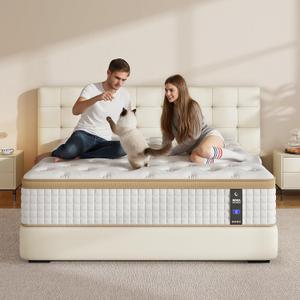 MOOA Queen Mattress, 12 Inch Queen Mattresses, Medium Firm Cooling Memory Foam for Hip/Shoulder/Lumbar Support, Individual Springs for Pressure Relief & Motion Isolation, Hybrid Mattress in A Box (White/Beige)