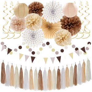 Boho Baby-Shower White-Brown Champagne Fall Party-Decorations - 33pcs Banner, Streamers Tassel Garland, Tissue Pom Poms Honeycomb, Paper Lantern Fan, Autumn, Bridal, Christmas, Birthday, Wedding Decor Hugtmr