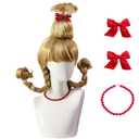 5PCS Set Christmas Wig Long Blonde Braid Who Wig for Women Girls with Necklace and 2*Red Bow For Halloween Party Cosplay Costume Wig Accessory(+Wig Cap) (19.7"-22"-Blonde-Medium)