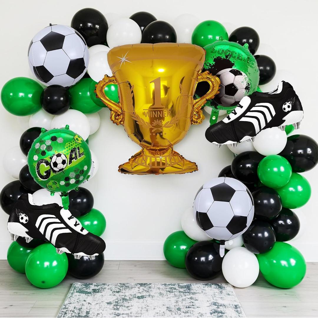 Soccer Watch Party 101Pcs Soccer Balloon Arch Kit Championship Soccer Birthday Party Decorations with Giant Gold Trophy Cup, Cleat Shoe & GOAL Foil Balloons Green Black White
