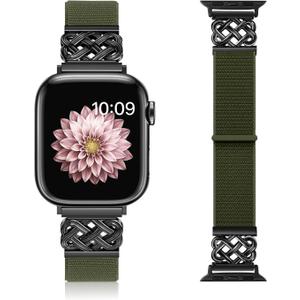 Nylon Bands Compatible with Apple Watch Band 38mm 40mm 41mm 42mm 44mm 45mm 46mm 49mm Women Men,Stretchy Adjustable Interlock Buckle Strap for iWatch Series 10 9 8 7 6 5 4 3 SE Ultra 2 1 (Army green)