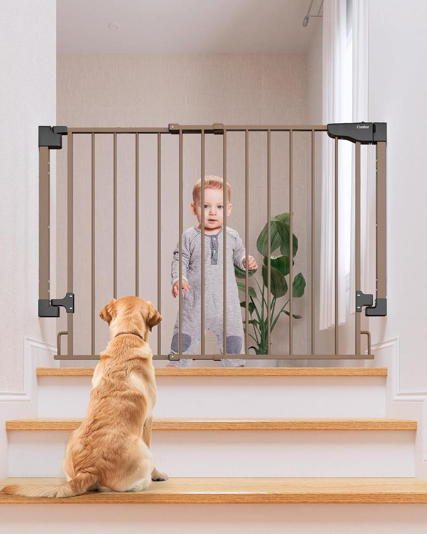 Cumbor 29.243" Baby Gate for Stairs, Wall-Mounted (Drill Required), Expandable No Bottom Bar Dog Gate, Auto Close Extra Wide Walk Thru, Pet & Toddler Proof Gate, Top & Bottom of Stairways (Brown)