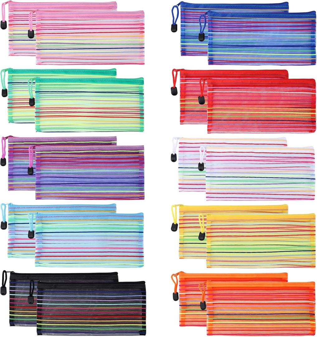 20 Pack 10 Colors Mesh Zipper Pouch Bags, Small Pouch Pencil Pouch Bulk, Cosmetics Makeup Bags Accessories Storage Bag, Home Organizing Office School Classroom Supplies
