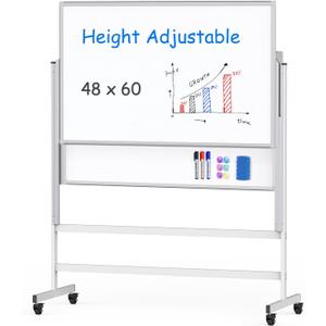 maxtek Dry Erase Whiteboard Height Adjustable, Easel Stand Rolling White Board on Wheels - 48 x 60 Large Mobile Dry Erase Board, 4' x 5' Double Sided Magnetic Whiteboard for School Office Home