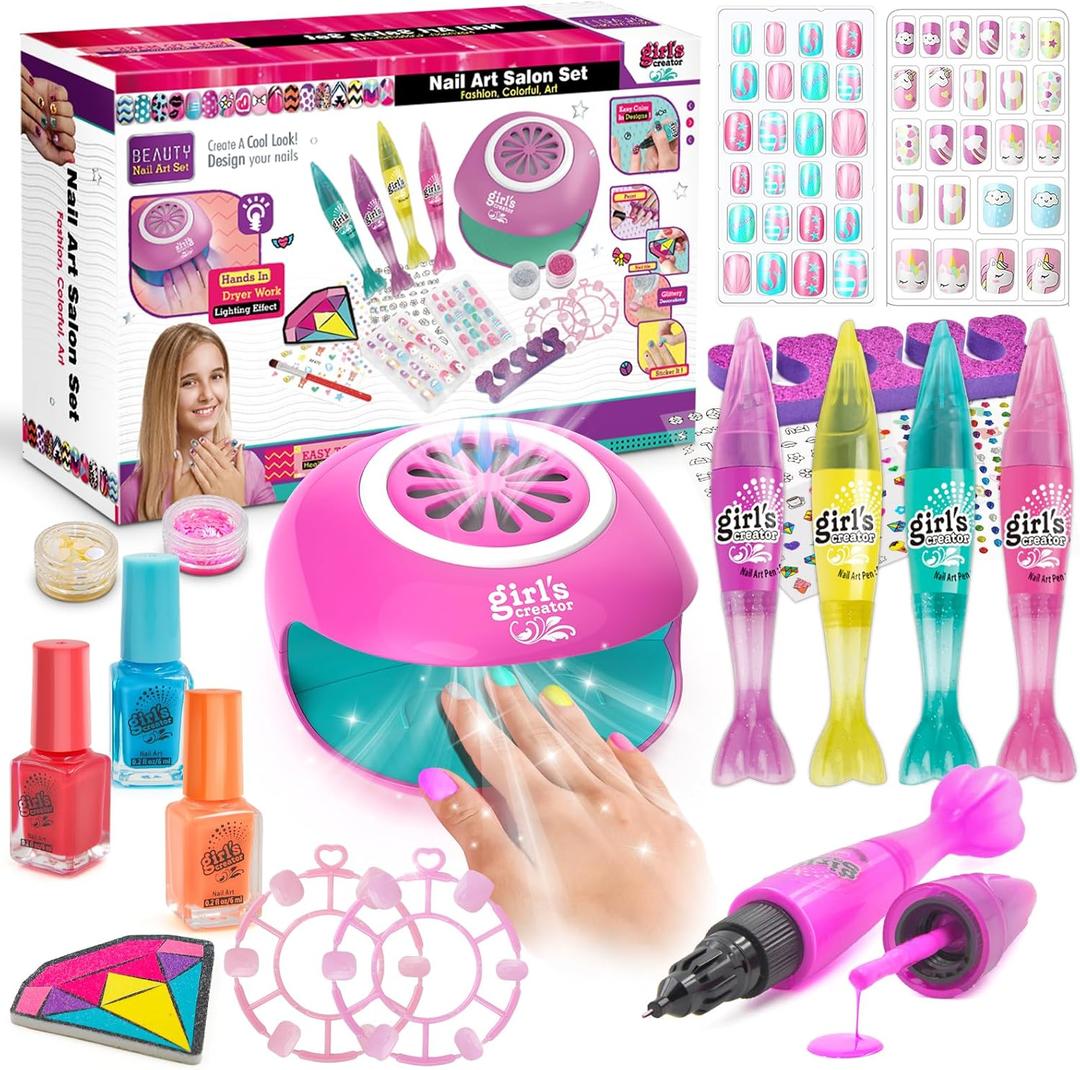 Amagoing Kids Nail Polish Set for Girls, Nail Kit for Girls Ages 7-12 with Nail Dryer, 2 in 1 Nail Pens, Sticky Cartoon Press on Fake Nail, DIY Sticker, Nail Set Play Salon Birthday Christmas Gift