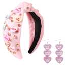 Valentines Day Candy Heart Headbands for Women Red Pink Love Conversation Heart Headband Rhinestone Jeweled Knotted Hairband Valentines Day Gifts Head Band with Earrings