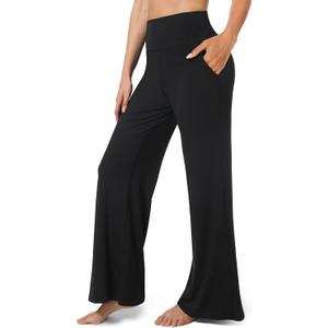 we fleece Womens Wide Leg Yoga Pants with Pockets High Waisted Casual Lounge Loose Dress Petitel Palazzo Pants (Medium, Black)