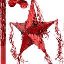 Hanaive Foil Star Piñata with Blindfold and Bat for Birthday Foldable Star Shape Piñata with Stick Festive Fiesta Party Supplies Favors for Mexican Party(Red)