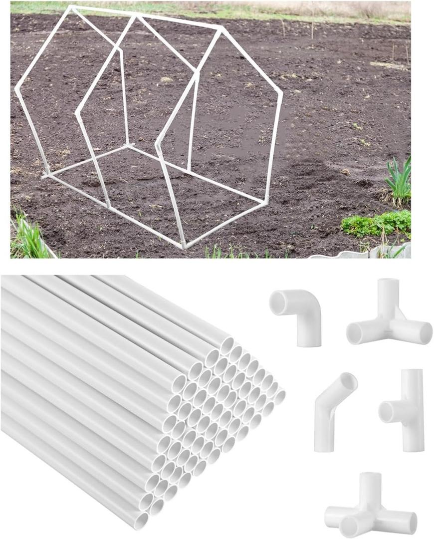 Sawysine 102 Pcs DIY PVC Projects Set Included 60 Pcs 24 Inch PVC Pipe and 42 Connection Pipe Fittings for Spring, Home, Greenhouse, Garden, Farm, Workshop, Summer(White,3/8 Inch)