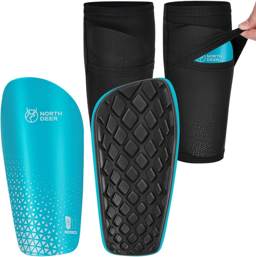 Northdeer Soccer Shin Guards for Kids Adults. Sleeves with Optimized Insert Pocket - Protective Soccer for Boys Girls Men (S (under 4'7"), Shin Pads 1 Pair + Sleeves 1 Pair, Blue)