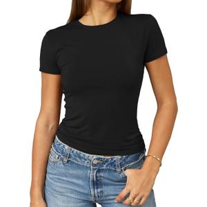 Abardsion Women's Casual Basic Going Out Crop Tops Slim Fit Short Sleeve Crew Neck Tight T Shirts 2025 (Medium, Black)