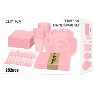 252 Pcs Pink Plastic Plates for Party,50 Guest Disposable Plastic Plate Set 9" Plates,7" Dessert Plates,Napkins,Cups,Forks & Tablecloth for Birthday,Wedding,Baby Shower,Girlfriends Tea Party