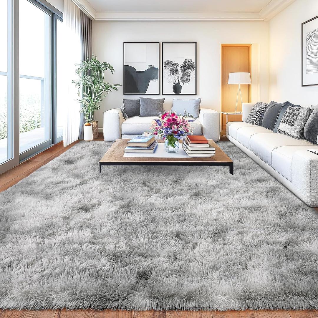 Large Soft Fluffy Rugs for Bedroom, Anti-Skid Indoor Carpet Nursery Rugs for Kids Room Home Decor, Fuzzy Rug Tie-Dyed Light Grey 9x12 Feet