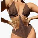 OYOANGLE Women's Chain Linked Cut Out Halter One Piece Swimsuit Tummy Control Bathing Suit, Medium