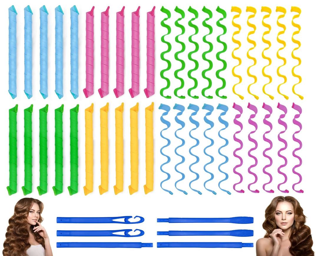 40PCS Hair Curlers Heatless Wave and Spiral Two Styles Formers(22inches) with 6PCS Styling Hooks Magic Hair Rollers No Heat Damage for Women and Kids Medium and Long Hair (22inch)