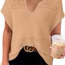 Dokotoo Womens Tops 2026 Summer Spring Casual V Neck Short Sleeve Sweater Crochet Tops Casual Dressy Blouses (Beige, XL)