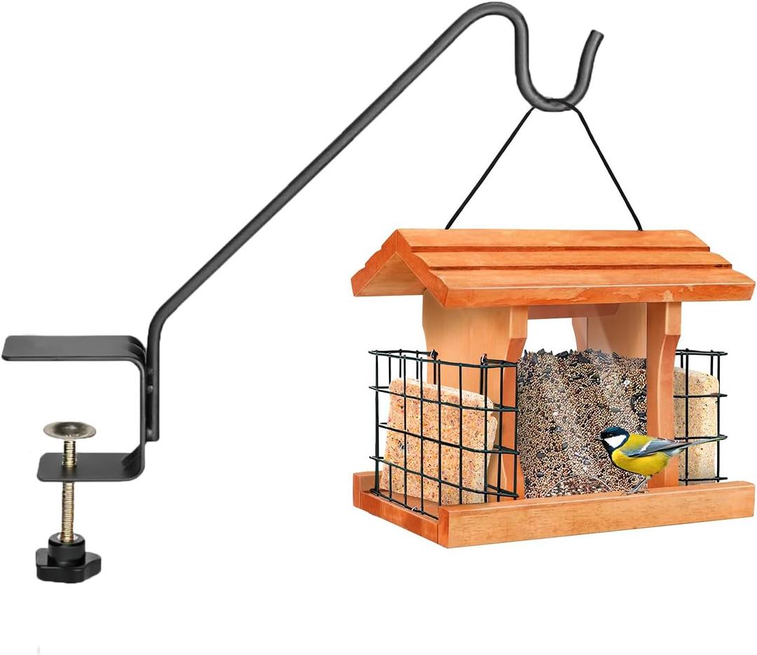 1 Pack Heavy Duty Deck Hook,Courtyard Decoration, 12Long Solid Steel Deck Railing Hooks for Hanging Bird Feeders,Planters,Suet Baskets,Lanterns,Wind Chimes,Clamp Mounted