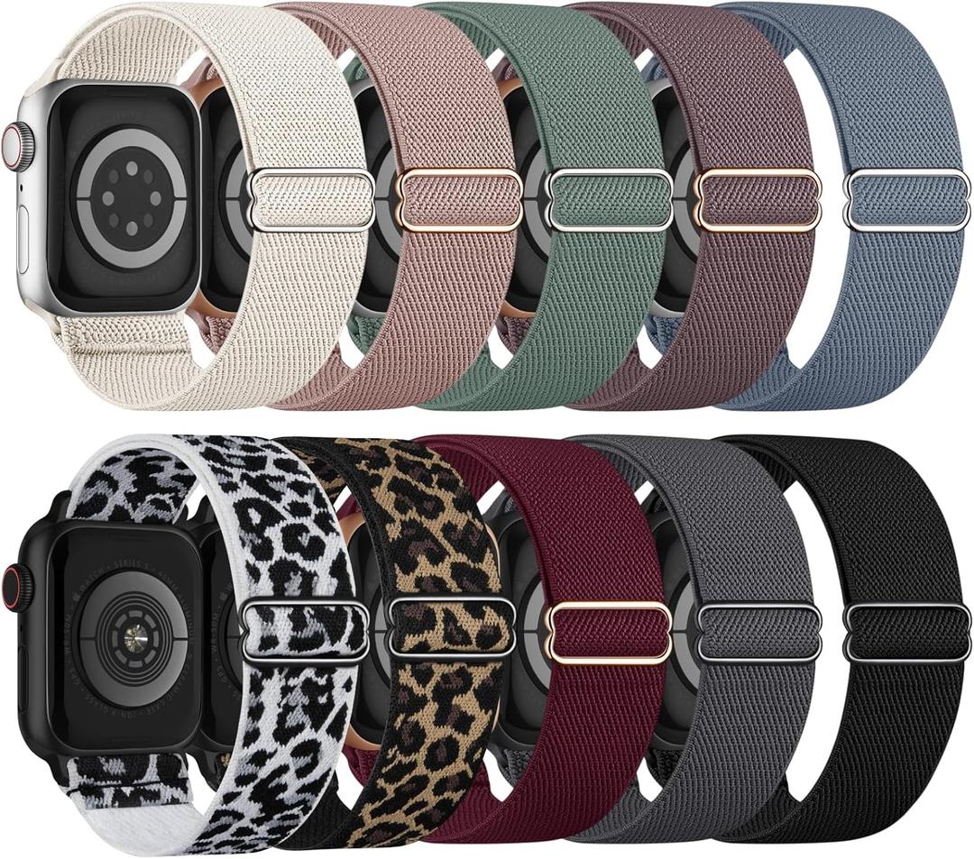 10 Pack Stretchy Bands Compatible with Apple Watch Band 40mm 38mm 41mm 42mm 44mm 45mm 46mm 49mm Women Men, Water-Resistant Solo Loop Elastic Sport Straps for iWatch Series 11 10 9 8 7 6 5 4 3 SE Ultra (Black/Leopard/Pink/Cactus/Starlight/Smoke Violet/Leopard/Blue Gray/Wine/Gray)