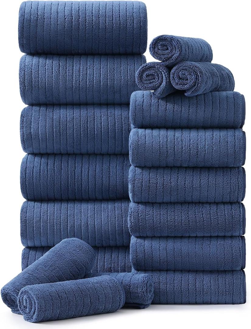 Hailea 18 Piece Family Bath Towel Set Include 6 Bath Towels,6 Hand Towels and 6 Washcloths Soft Bathroom Towel with Hanging Loops,Highly Absorbent Quick Dry Towels Set for Bathroom,Hotel and Spa-Navy
