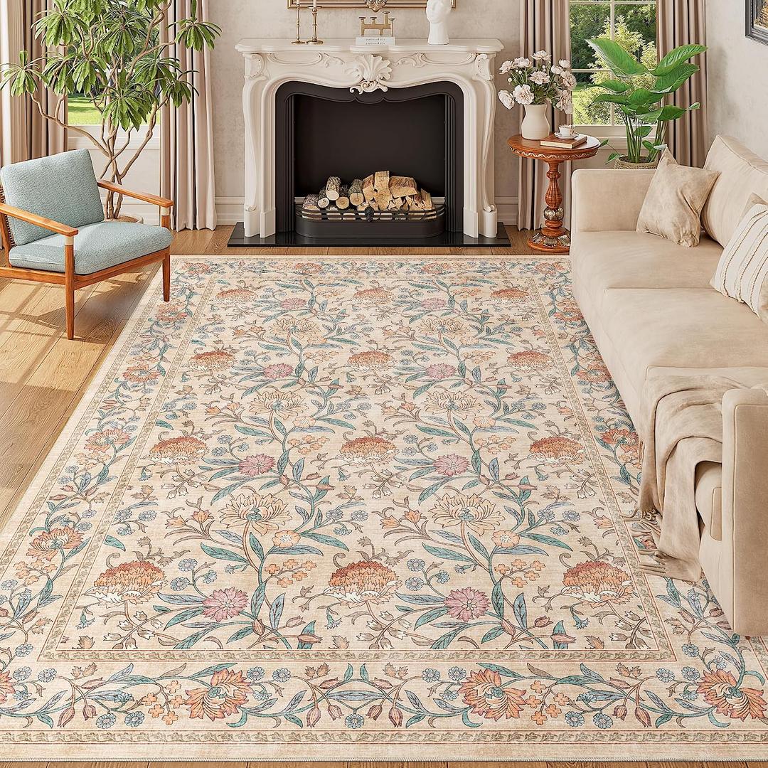 DUKINO 6x9 Area Rug, Vintage Floral Washable Rugs for Living Room, Beige | Non Slip, Low Pile, Non-Shedding, Stain Resistant Soft Large Carpet for Bedroom Home Office Dining Room Farmhouse, Home Decor