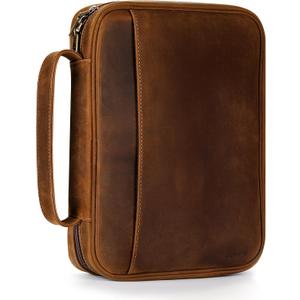 Genuine Leather Bible Cover Cowhide Bible Case for Men Women Church Bag Protective Book Holder with Double Zippers Full Grain Leather Portfolio Organizer Bible Carrying Case with Handle