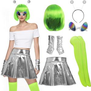 Vegove 6Pcs Alien Costume Women, Metallic Skirt Antenna Headband Bob Hair Glasses Neon Green Space Accessories for Halloween
