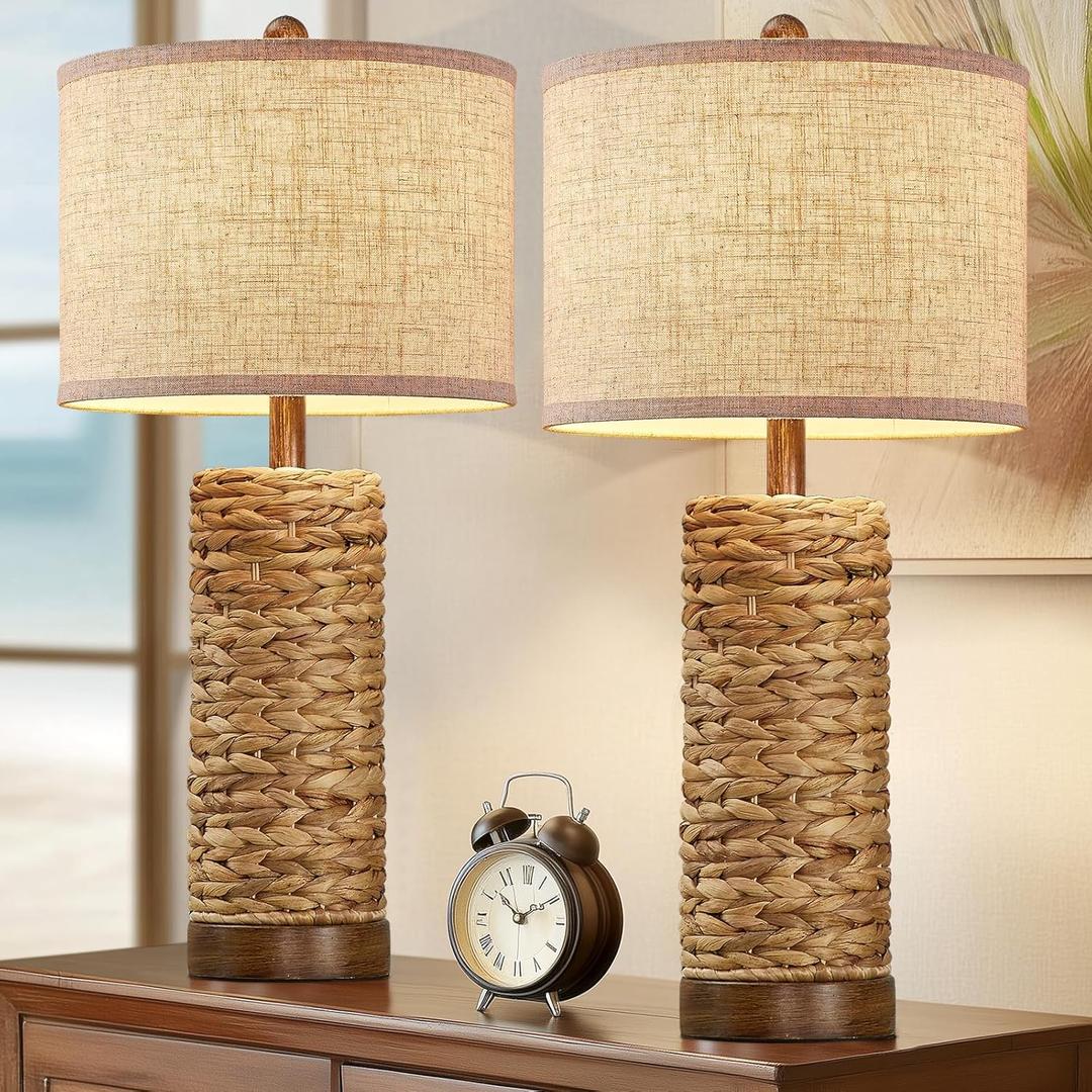 27.5'' Tall Natural Rattan Table Lamps Set of 2, Hand - Woven Wicker Lamp with Linen Shade, Rustic Coastal Boho Style Table Lamps for Bedroom, Living Room, Home Decor (Seagrass Brown)