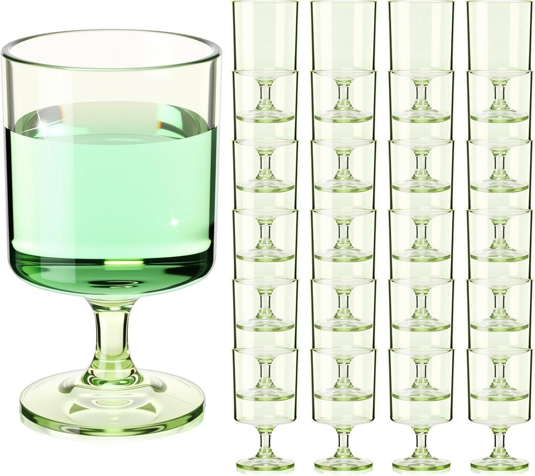 48 Packs 8oz Acrylic Reusable Plastic Wine Glasses Bulk Wedding Disposable Short Stem Party Goblet Cup Vintage Milkshake Cordial Unbreakable Cocktail Drink Water Bars Stemware (Sage Green)