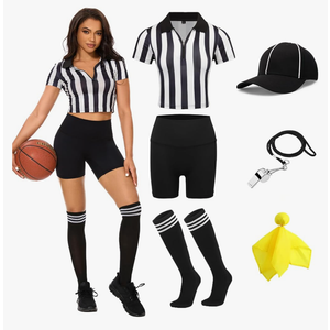 redgino 6 Pcs Women Referee Costume Set Crop Top Sexy Zipper Ref Shirt Shorts Hat Socks Whistle for Football Halloween Party, Small
