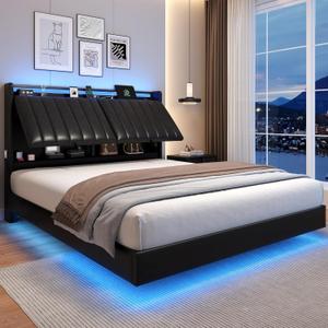 Full Size Floating Bed Frame with Ergonomic Hidden Storage Headboard and LED Lights, Visual Floating LED Bed Frame with Charing Station, Leather Upholstered Platform Bed, Heavy Duty, Black