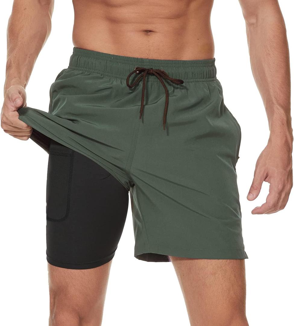 Arcweg Mens Swim Trunks with Compression Liner 2 in 1 Beach Swimming Trunks Quick Dry Swim Shorts with Zipper Pockets (XX-Large, Army Green)