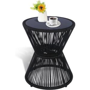 LEWIS&WAYNE Small Outdoor Side Table Patio 20 H Woven Rope Hourglass End Table with Glass Top Round Coffee Table for Living Room Outdoor Patio Backyard Poolside(Black), 16 Inches X 16 Inches X 20 Inches