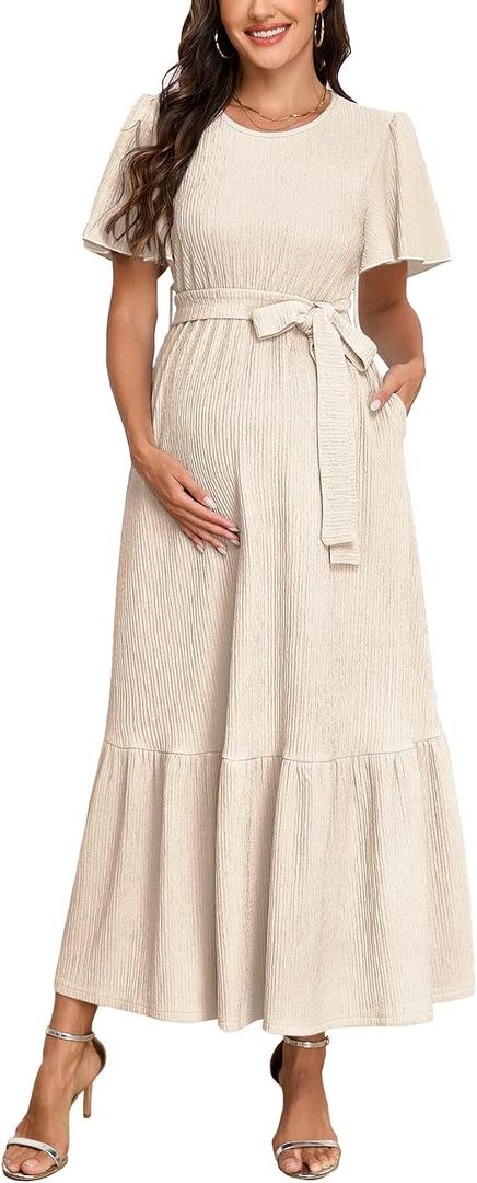 AISWI Maternity Short Sleeve Maxi Dress with Belt Crew Neck Pregnancy Tiered Ruffle Flowy Pocket Dresses Baby Shower, Champagne, L