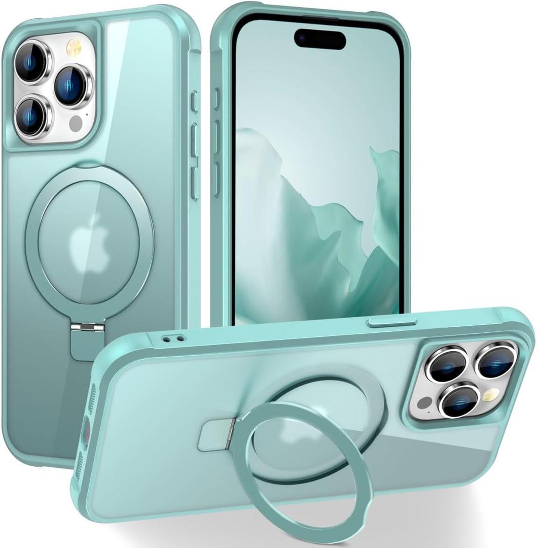 CHAOFEnG Magnetic Compatible with iPhone 15 Pro Max Case with Stand [Military Grade Drop Tested][Compatible with Magnet] Ring Translucent Slim Hard Back Soft Edge, Teal Green