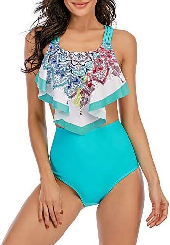 American Trends High Waisted Tankini Swimsuits for Women Flounce Top Tummy Control Bathing Suits L