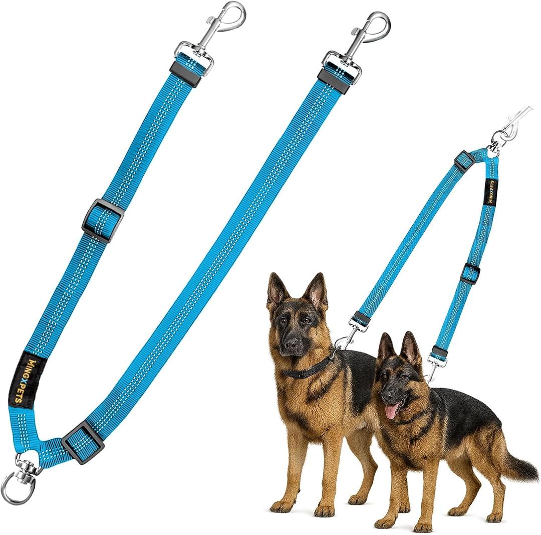 MingXpet Double Dog Leash for Two Dogs, No Pull Dog Leash, 360 Swivel No Tangle for Large Dogs Walking & Training, Shock Absorbing Reflective Bungee, Blue