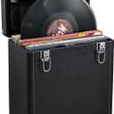Hododou Vinyl Record Storage Box with Lock Record Organizer Storage for 30+ Single Records 12-inch Water Resistant Collapsible Storage Crate with Lid Handle Mesh Pouch for Valuable Album Collection (Black)