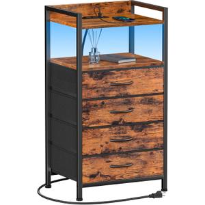 Furnulem Night Stand with Charging Station and Led Light, 4 Drawer Dresser for Bedroom, Small Nightstand Bedside Table, Fabric Bins, Metal Frame, Wood Shelf, Side Furniture(Rustic Brown)