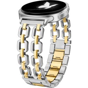 Wearlizer Metal Bands Compatible with Samsung Galaxy Watch 8 Band 40mm 44mm/Watch 8 Classic 46mm, No Gap Dressy Stainless Steel Chain Strap Wristbands Accessories for Women (Silver/Gold)