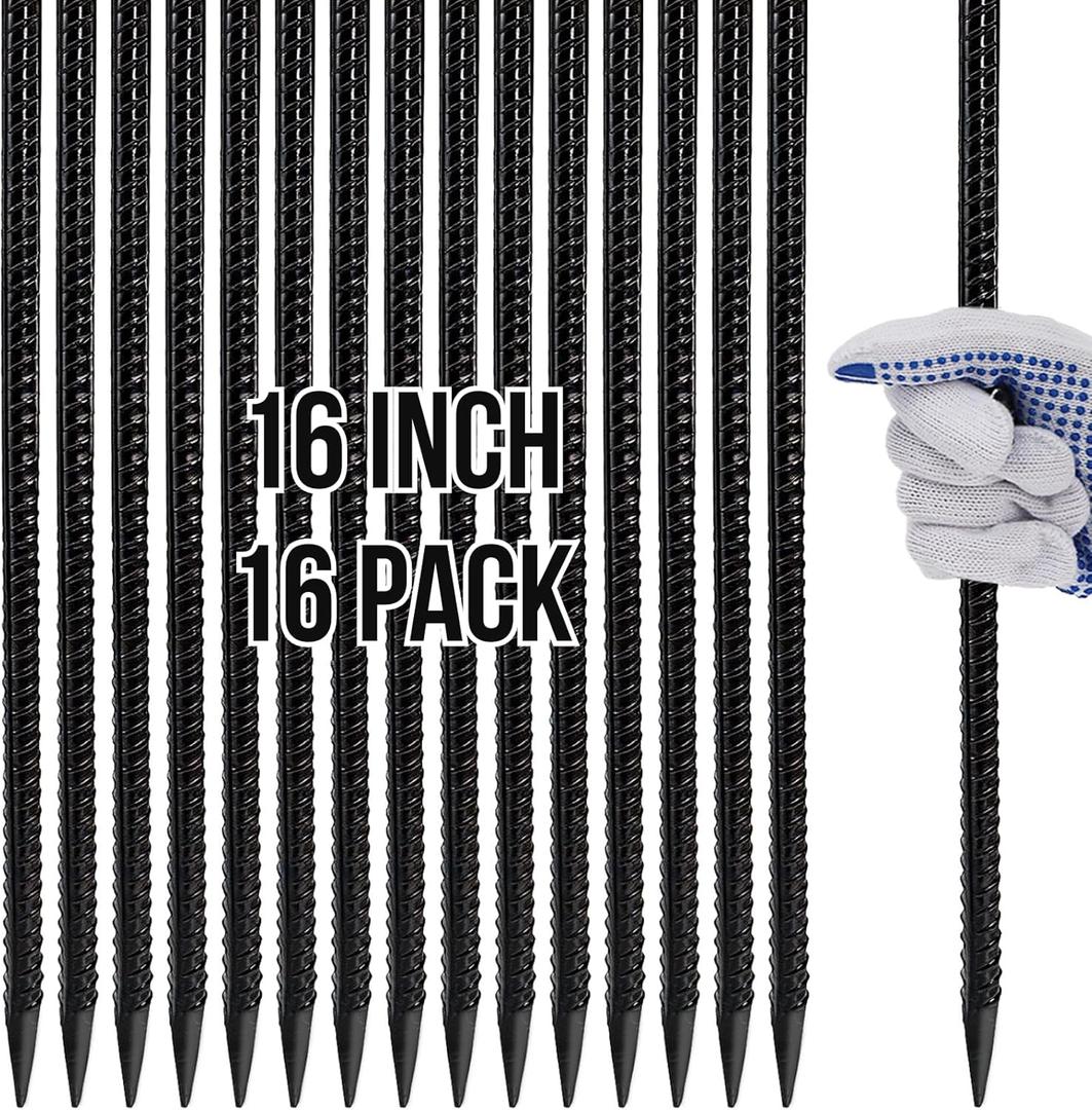 Hacaroa 16 Pack 16 Inch Rebar Stakes Heavy Duty, Straight Metal Ground Anchors Steel Garden Spikes for Tent, Timber, Concrete, Fence, Plant Support, 3/8" Diameter, Sharp Tip, Black