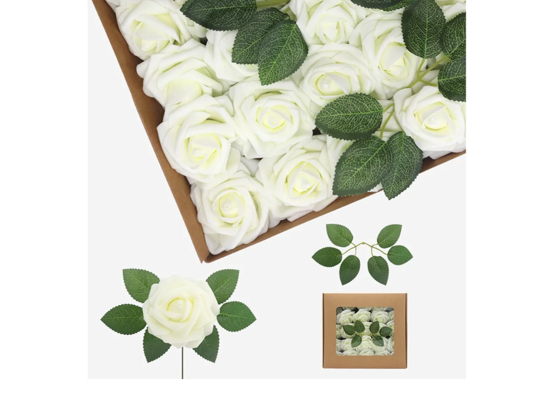 50PCS Mike White Artificial Flowers Real Looking Foam Fake Roses, Rose Artificial Wedding Flowers Combo for Wedding Bouquets Centerpieces Flower Arrangements Decorations (Milk White, 50)