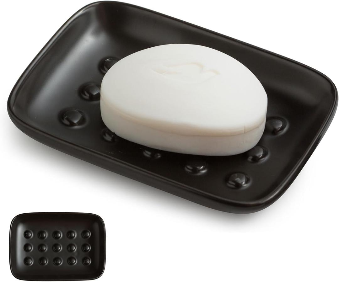 Soap Dish, Ceramic Soap Holder Shower Soap Dish for Bar Soap Sponge, Soap Saver Tray for Bathroom Kitchen Sink, Black (Floating Point Design)